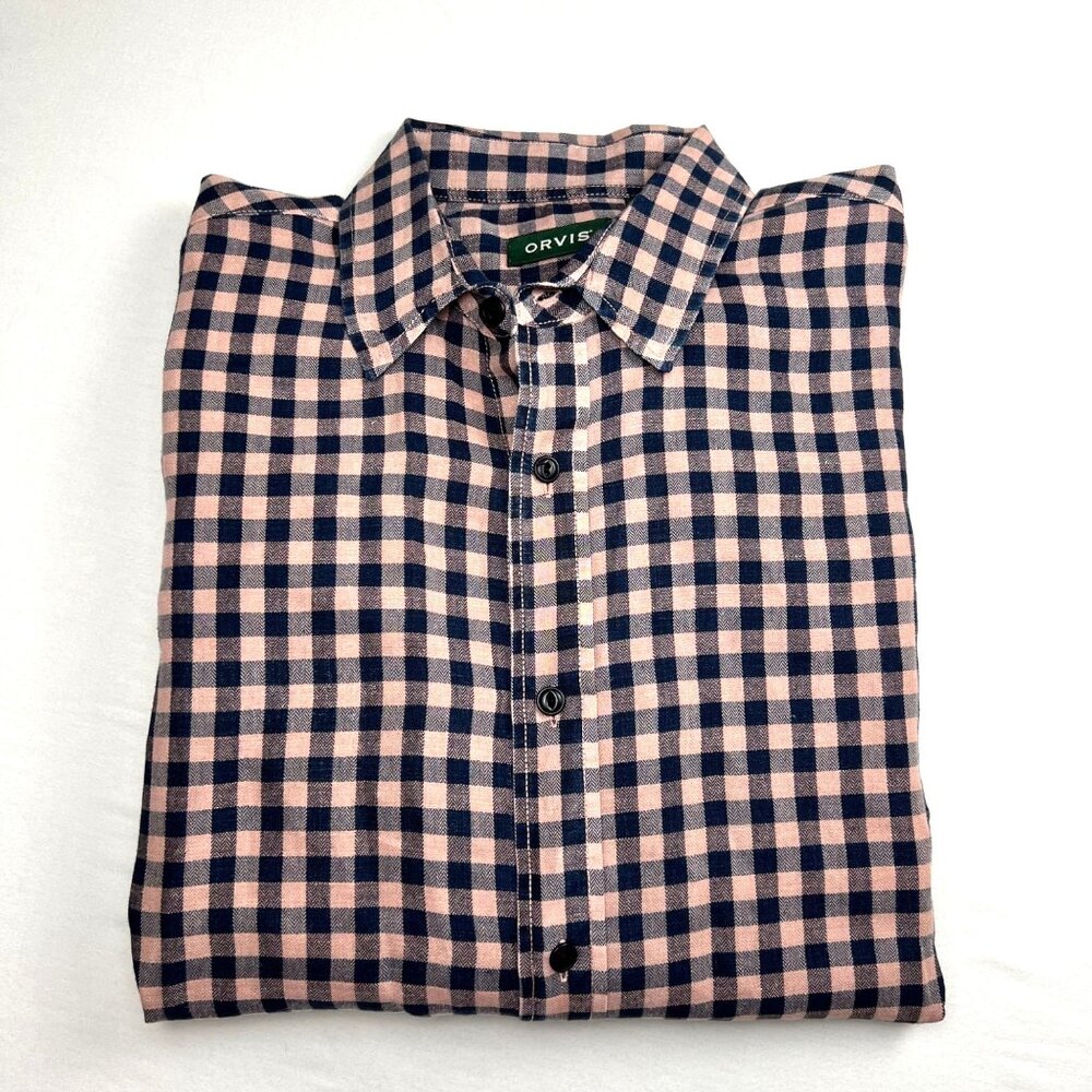 Orvis Mens Pink & Navy Checkered Long Sleeve Button-Down Shirt Active Fit Size L